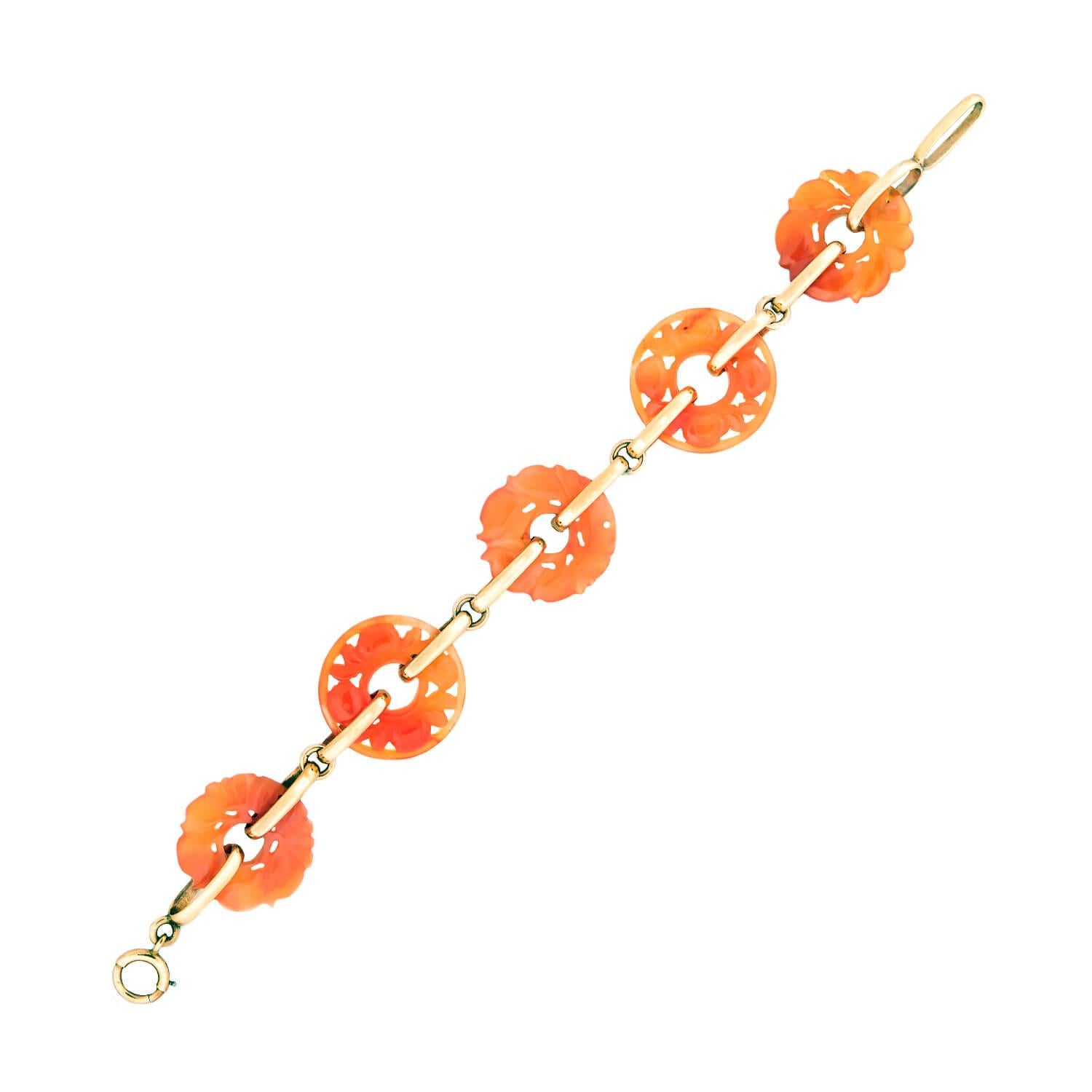 Art Deco 14k Carved Carnelian Disks Bracelet