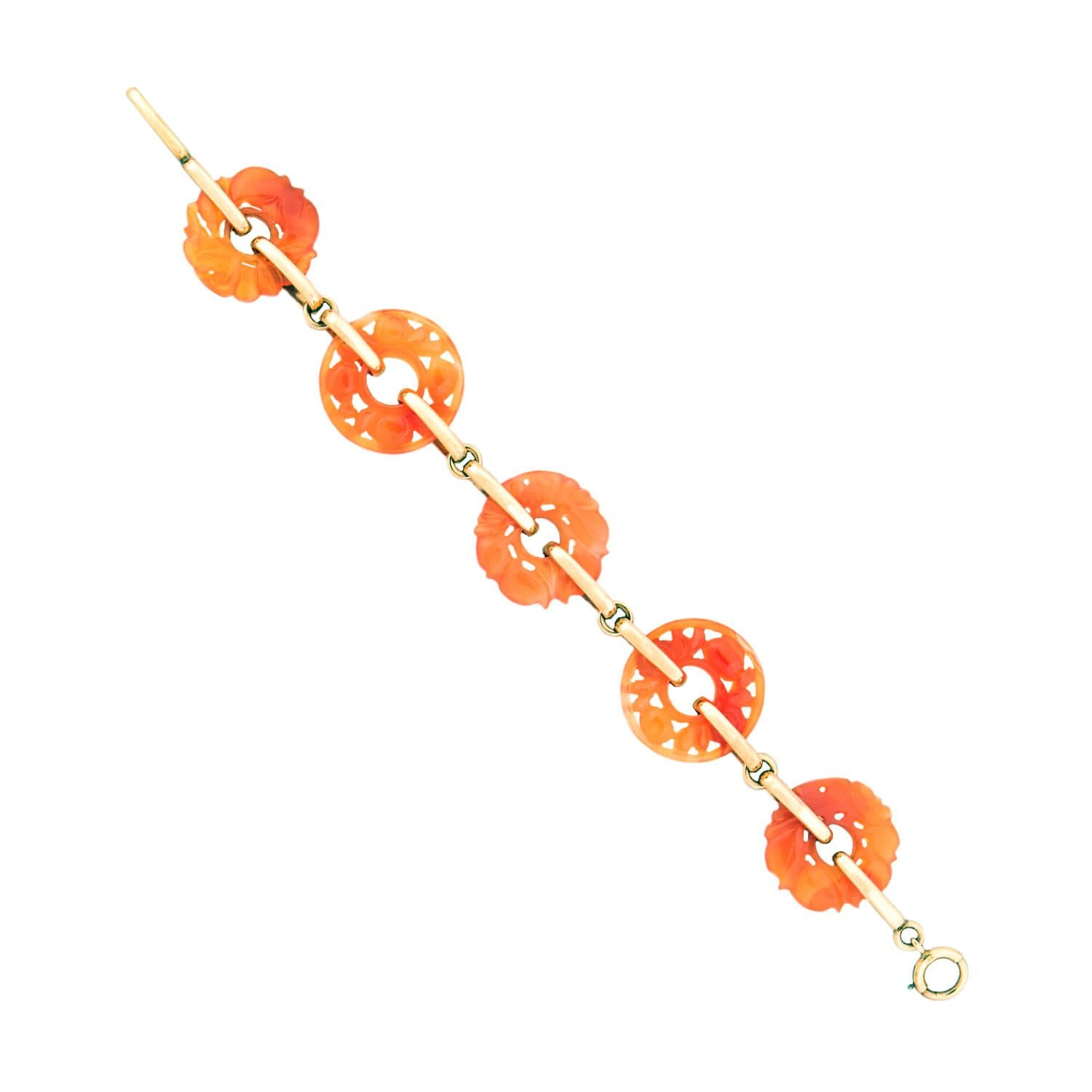 Art Deco 14k Carved Carnelian Disks Bracelet