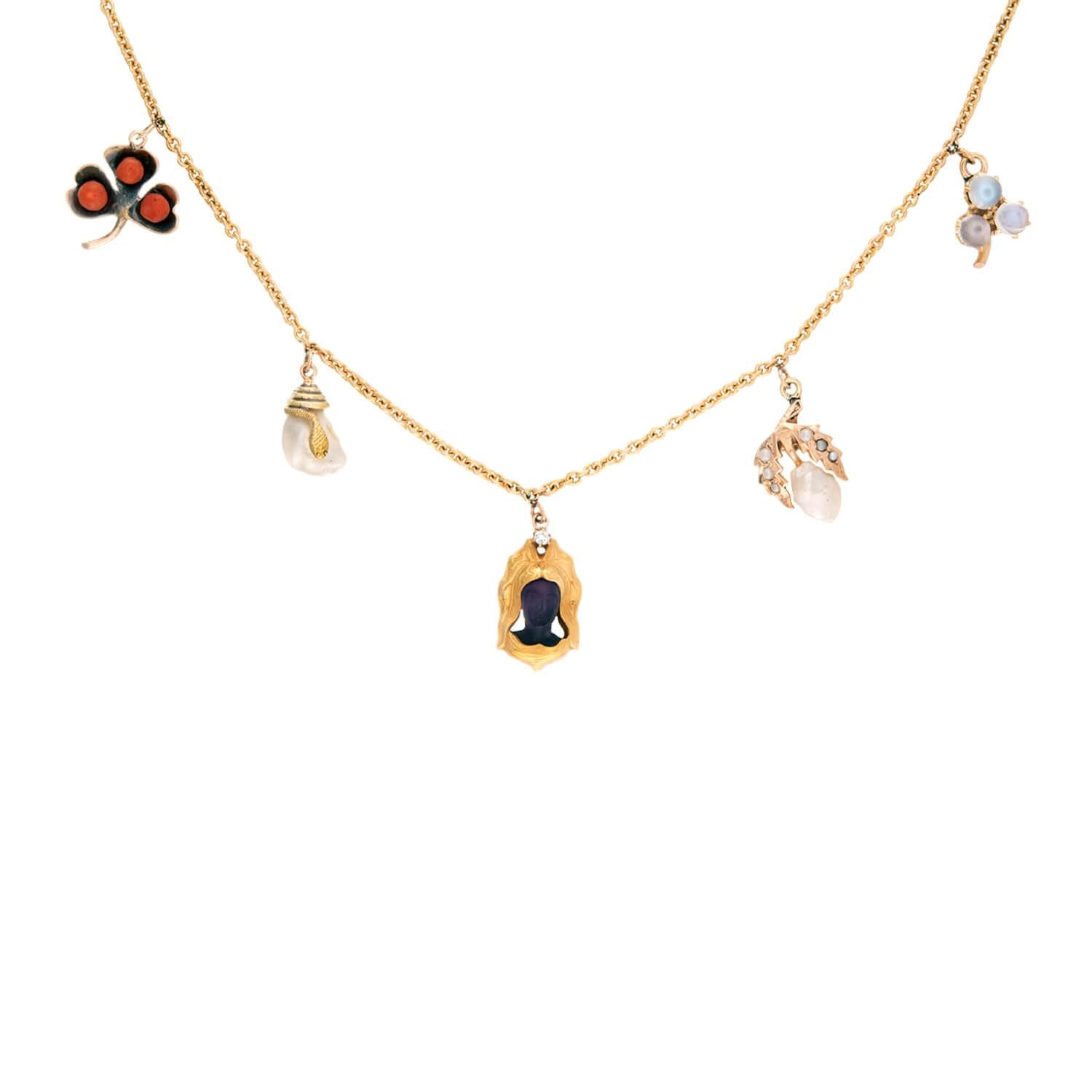 Victorian 14k Coral, Pearl, Amethyst, and Moonstone Charm Necklace