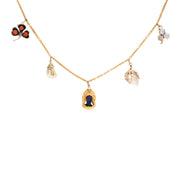 Victorian 14k Coral, Pearl, Amethyst, and Moonstone Charm Necklace