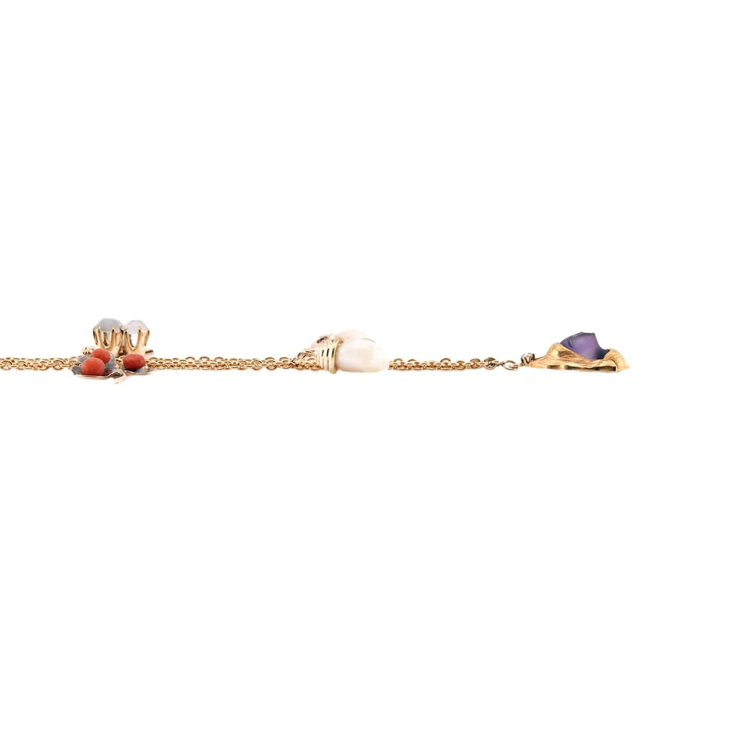 Victorian 14k Coral, Pearl, Amethyst, and Moonstone Charm Necklace