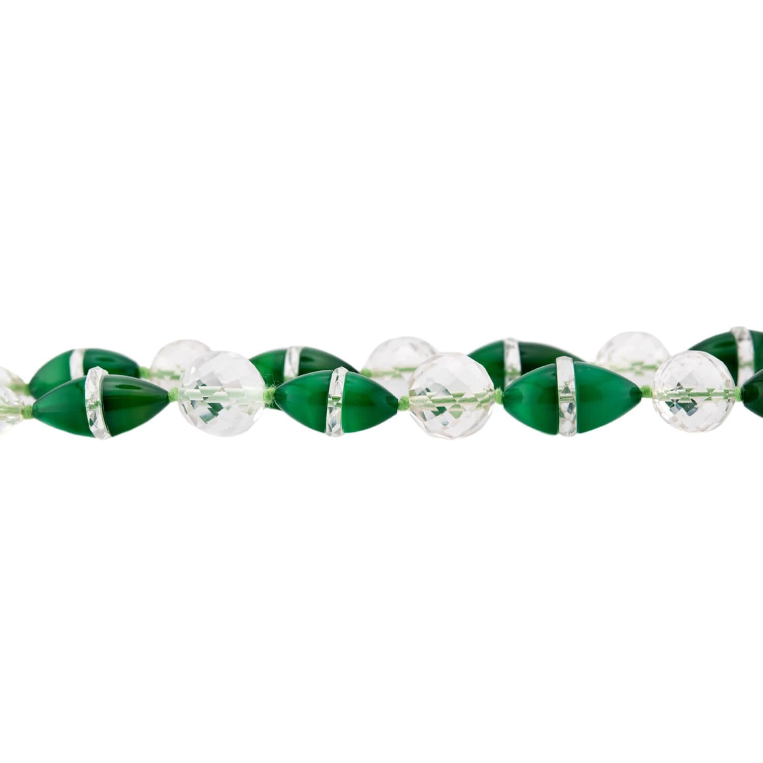Art Deco Sterling Silver Chrysoprase and Rock Quartz Crystal Bead Necklace 16"