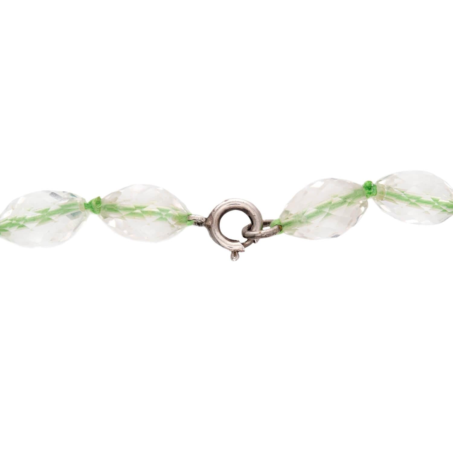Art Deco Sterling Silver Chrysoprase and Rock Quartz Crystal Bead Necklace 16"