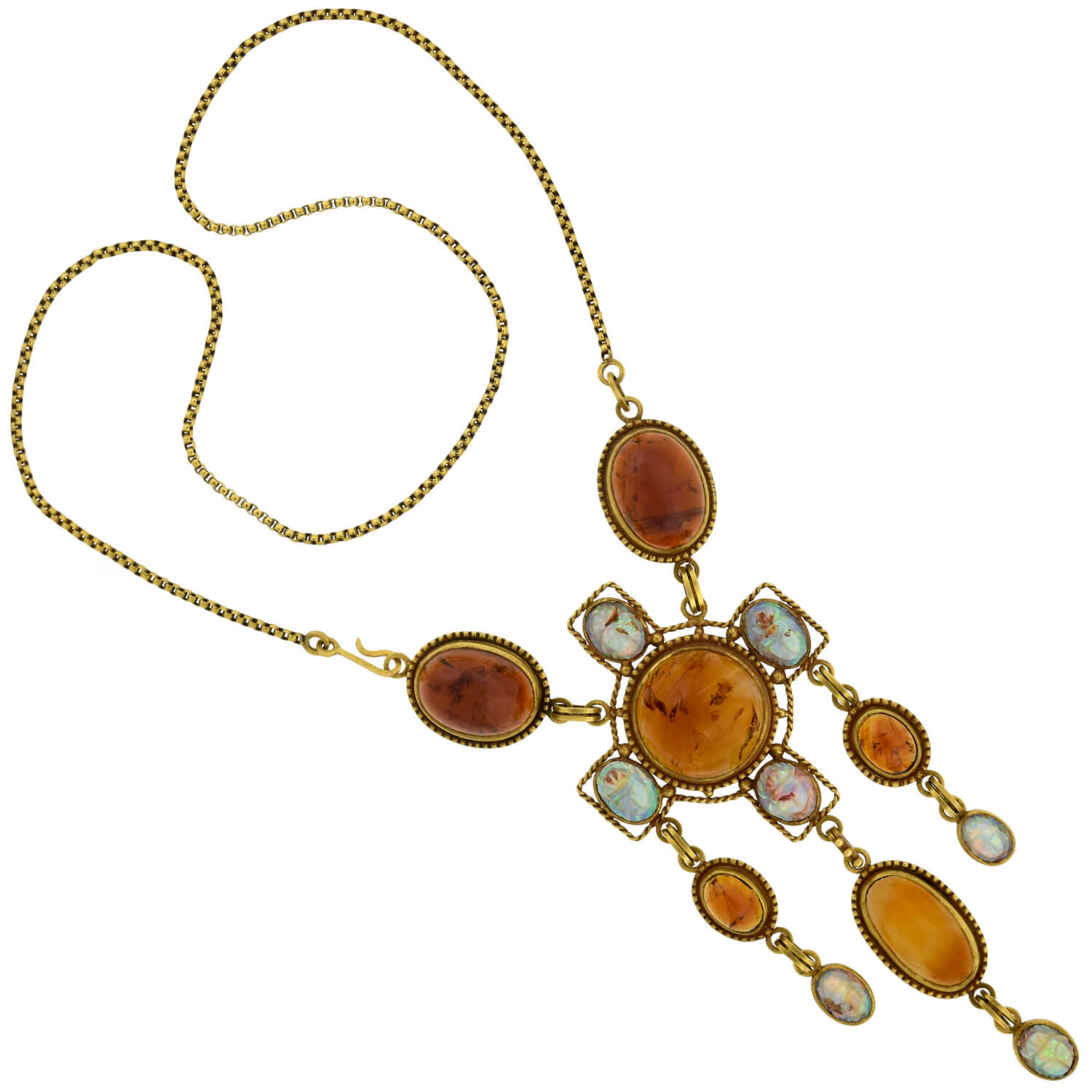 Art Nouveau Egyptian Revival 14kt Amber + Carved Opal Scarab Necklace