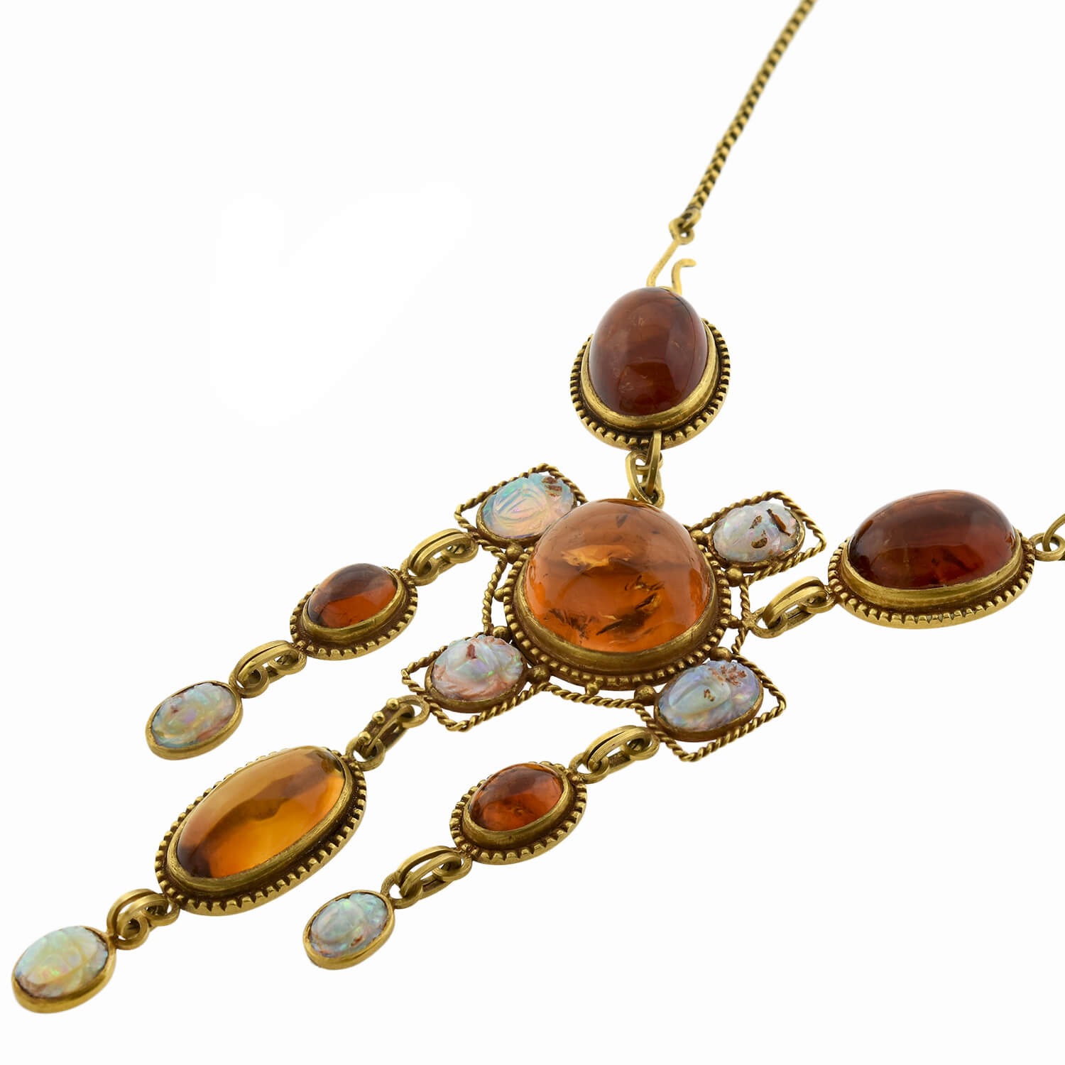 Art Nouveau Egyptian Revival 14kt Amber + Carved Opal Scarab Necklace