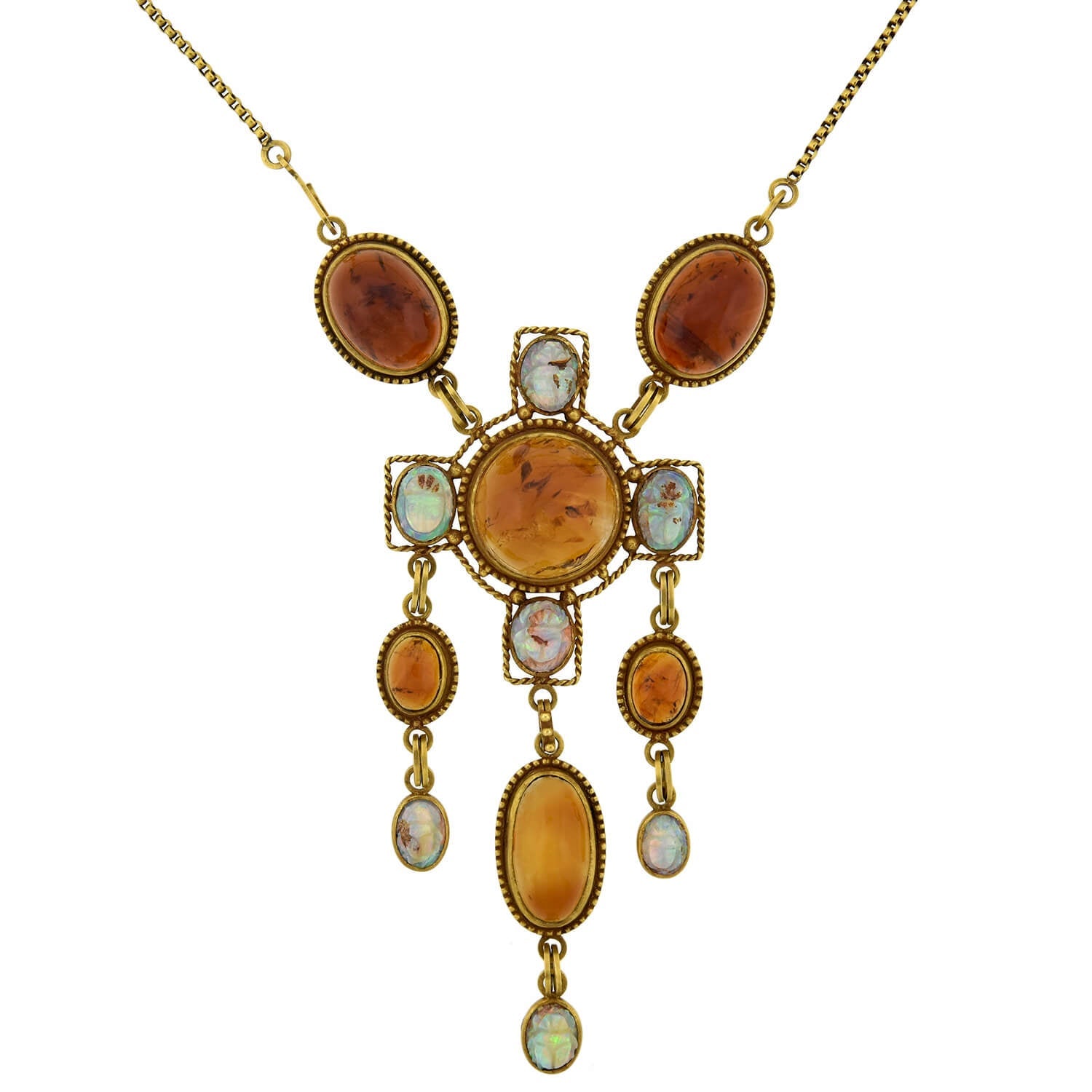 Art Nouveau Egyptian Revival 14kt Amber + Carved Opal Scarab Necklace