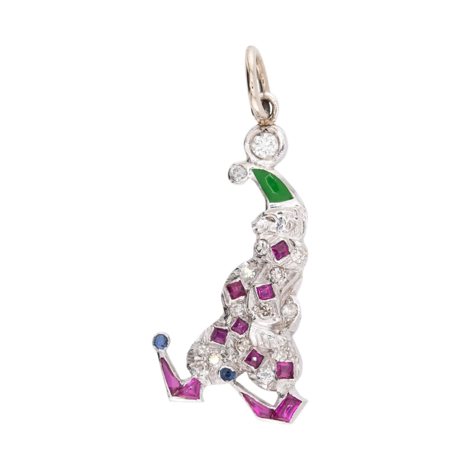 Art Deco Platinum Diamond, Ruby, Sapphire, & Enamel Clown Pendant/Charm