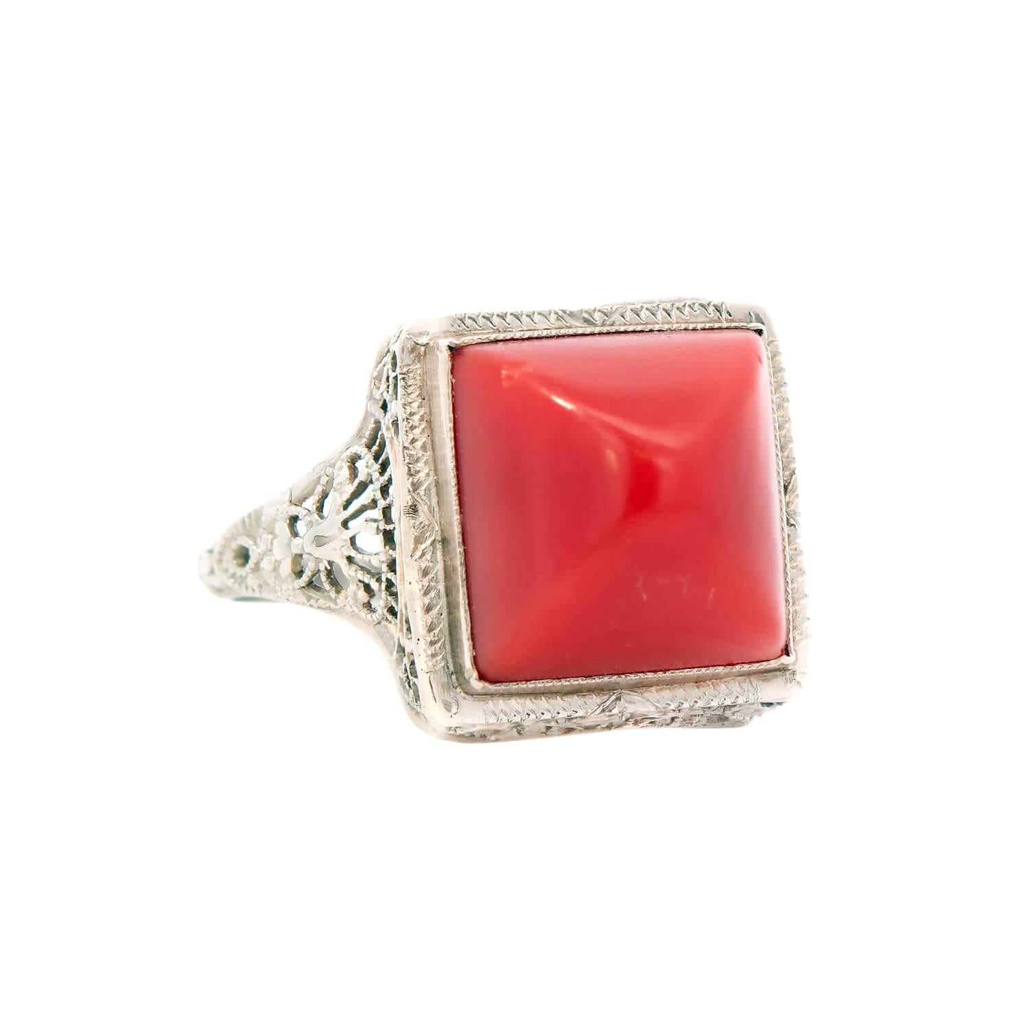 Art Deco 14k Coral Bullet Cabochon Ring