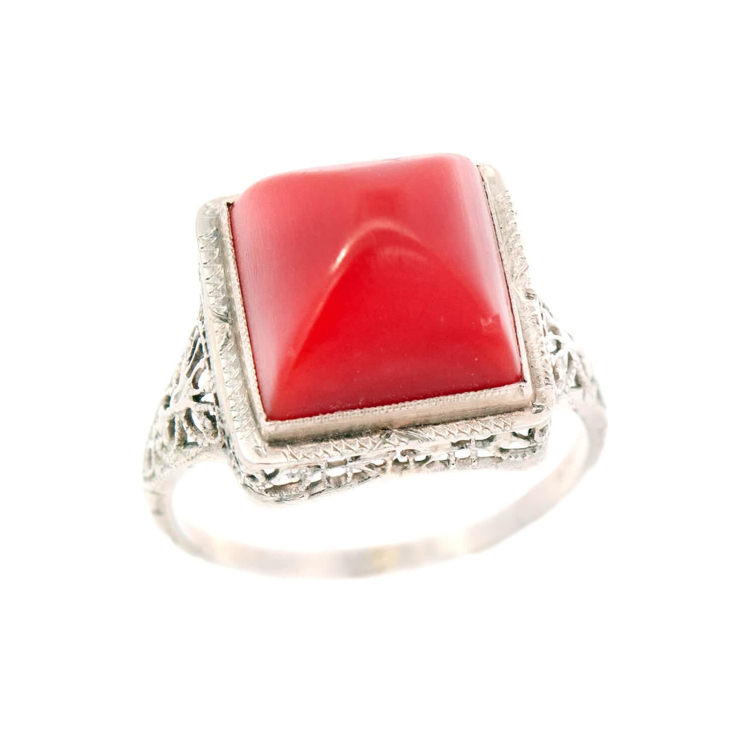 Art Deco 14k Coral Bullet Cabochon Ring