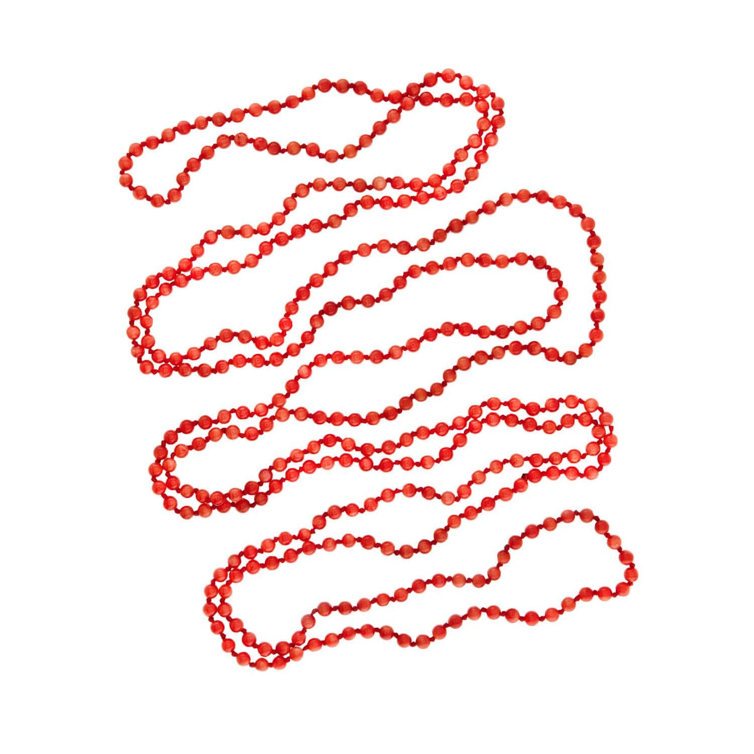 Art Deco Coral Bead Necklace 70"