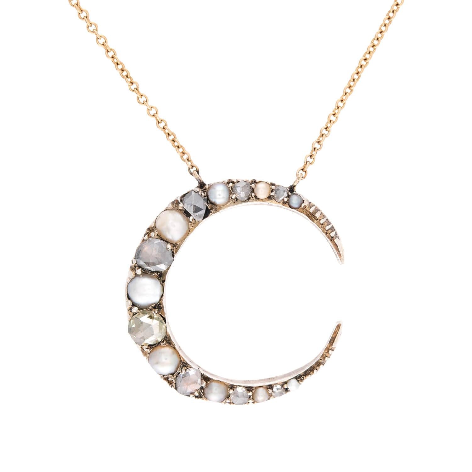 Victorian 14k/Sterling Silver Diamond & Pearl Crescent Pendant Necklace