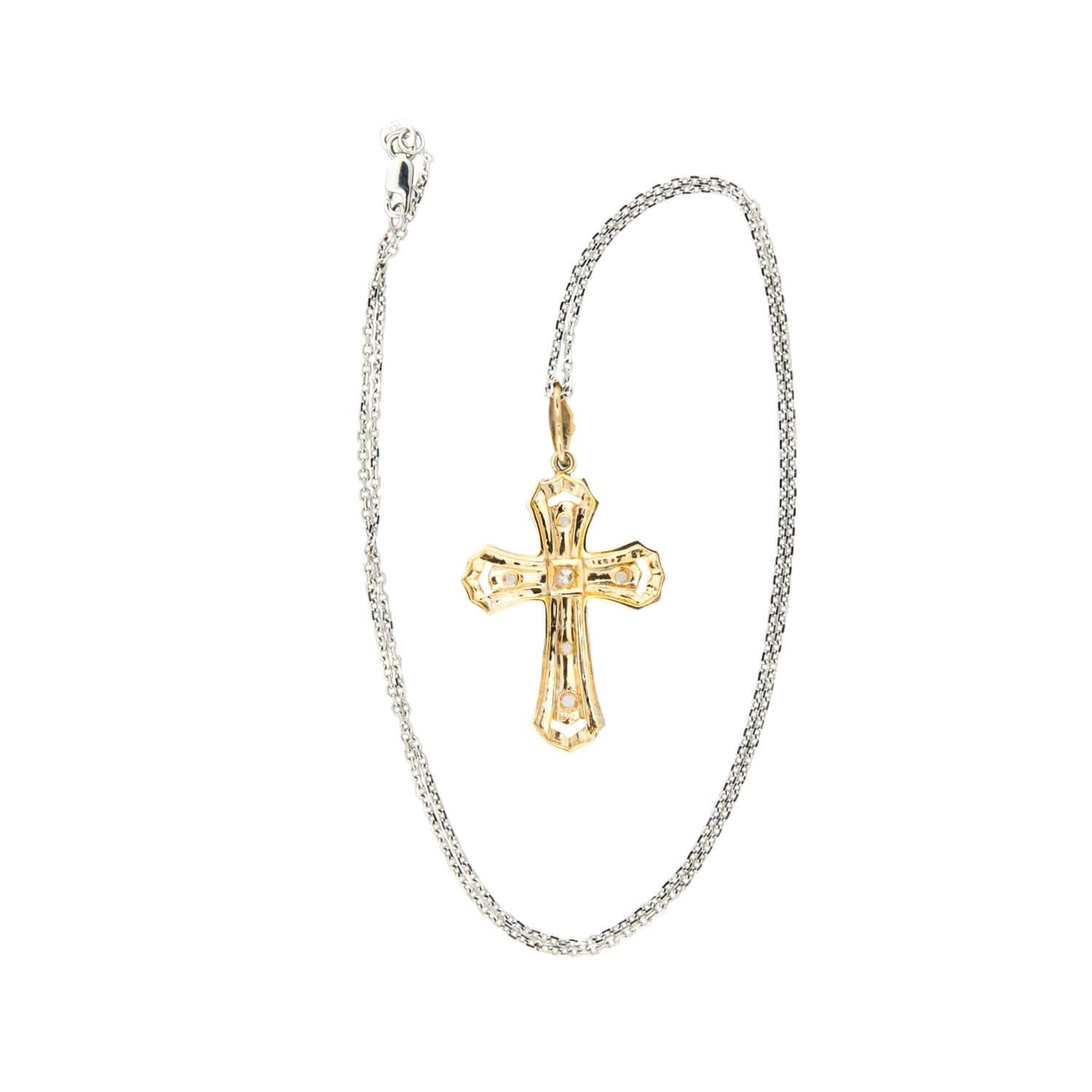 Edwardian 14k and Diamond Cross Pendant Necklace