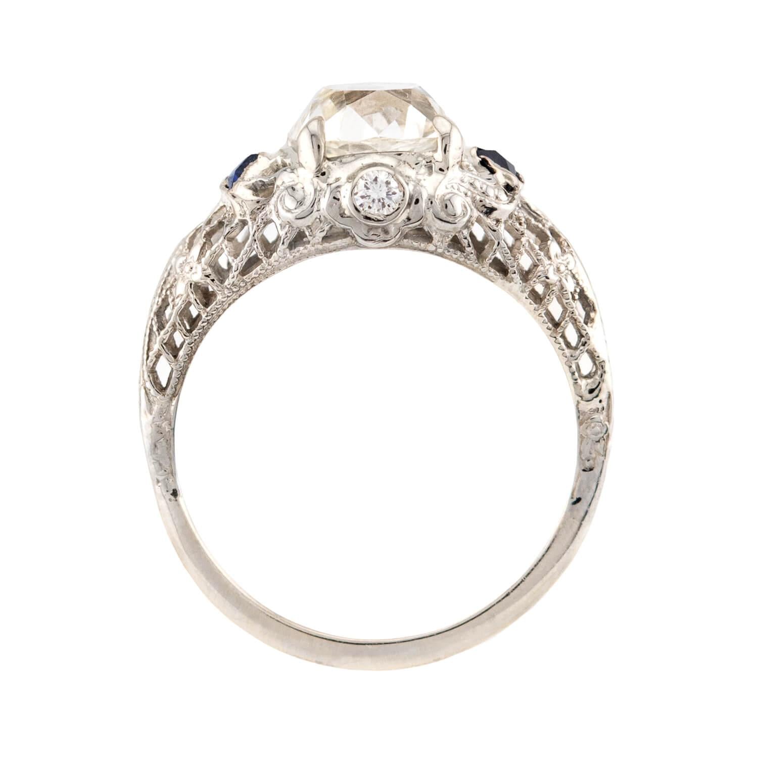 Art Deco 18k GIA Diamond & Sapphire Engagement Ring 2.23ct