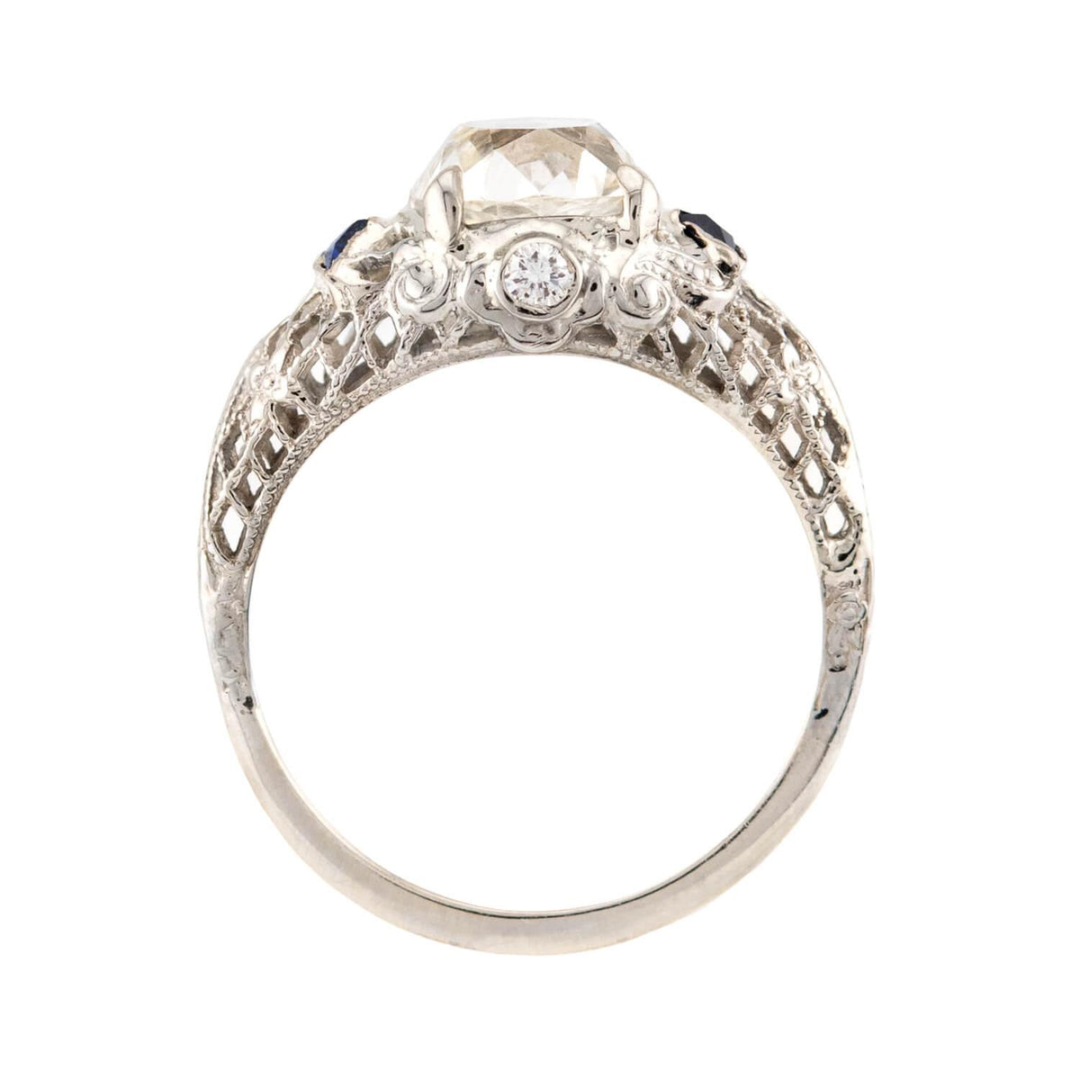Art Deco 18k GIA Diamond & Sapphire Engagement Ring 2.23ct