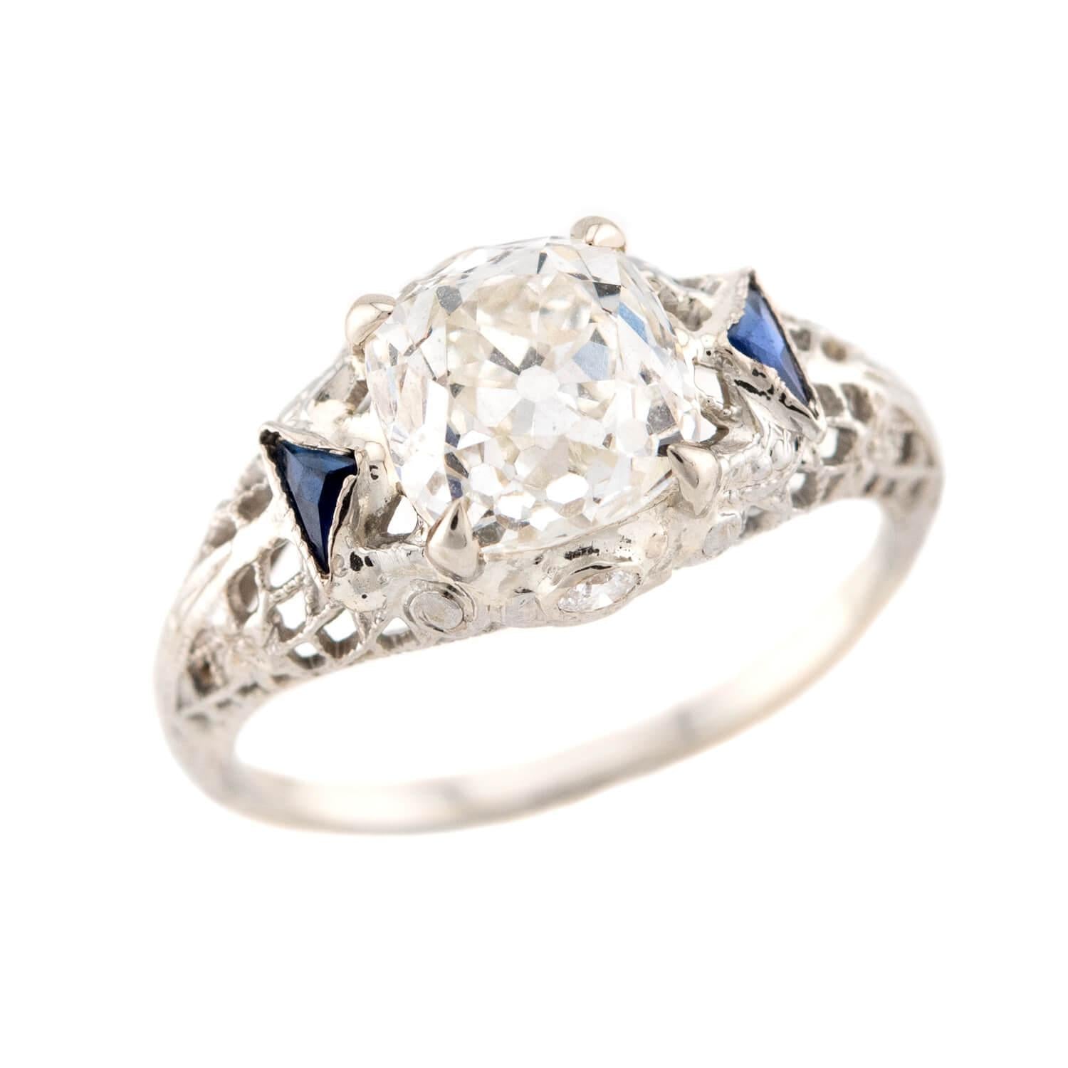 Art Deco 18k GIA Diamond & Sapphire Engagement Ring 2.23ct