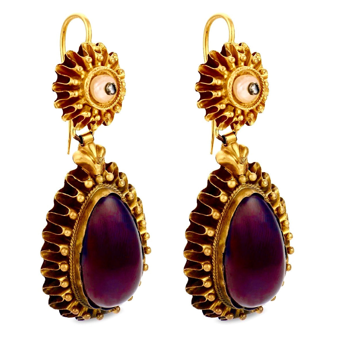 Victorian 18k Pearl, Diamond, & Garnet Drop Earrings