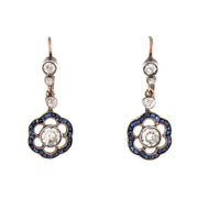 Edwardian 14k/Sterling Silver Diamond & Sapphire Floral-Motif Dangle Earrings
