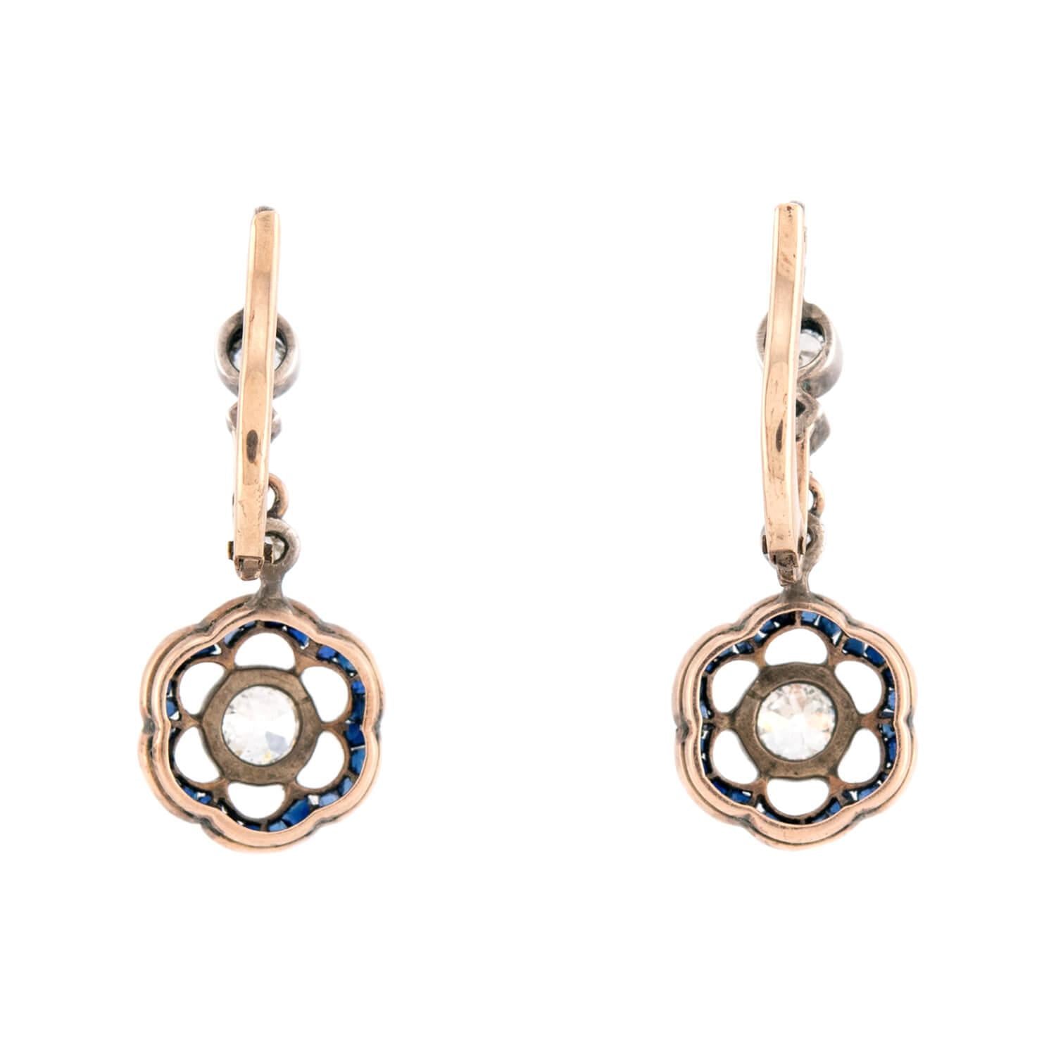 Edwardian 14k/Sterling Silver Diamond & Sapphire Floral-Motif Dangle Earrings
