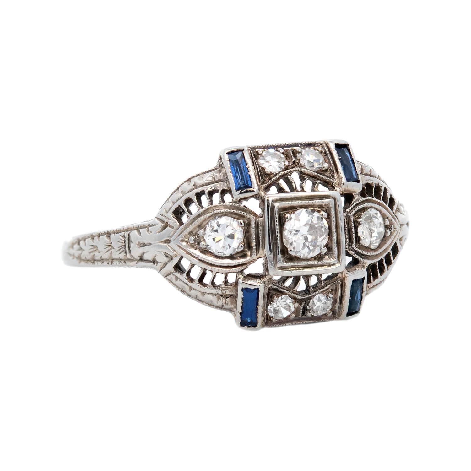 Art Deco 18k Diamond and Sapphire Filigree Ring