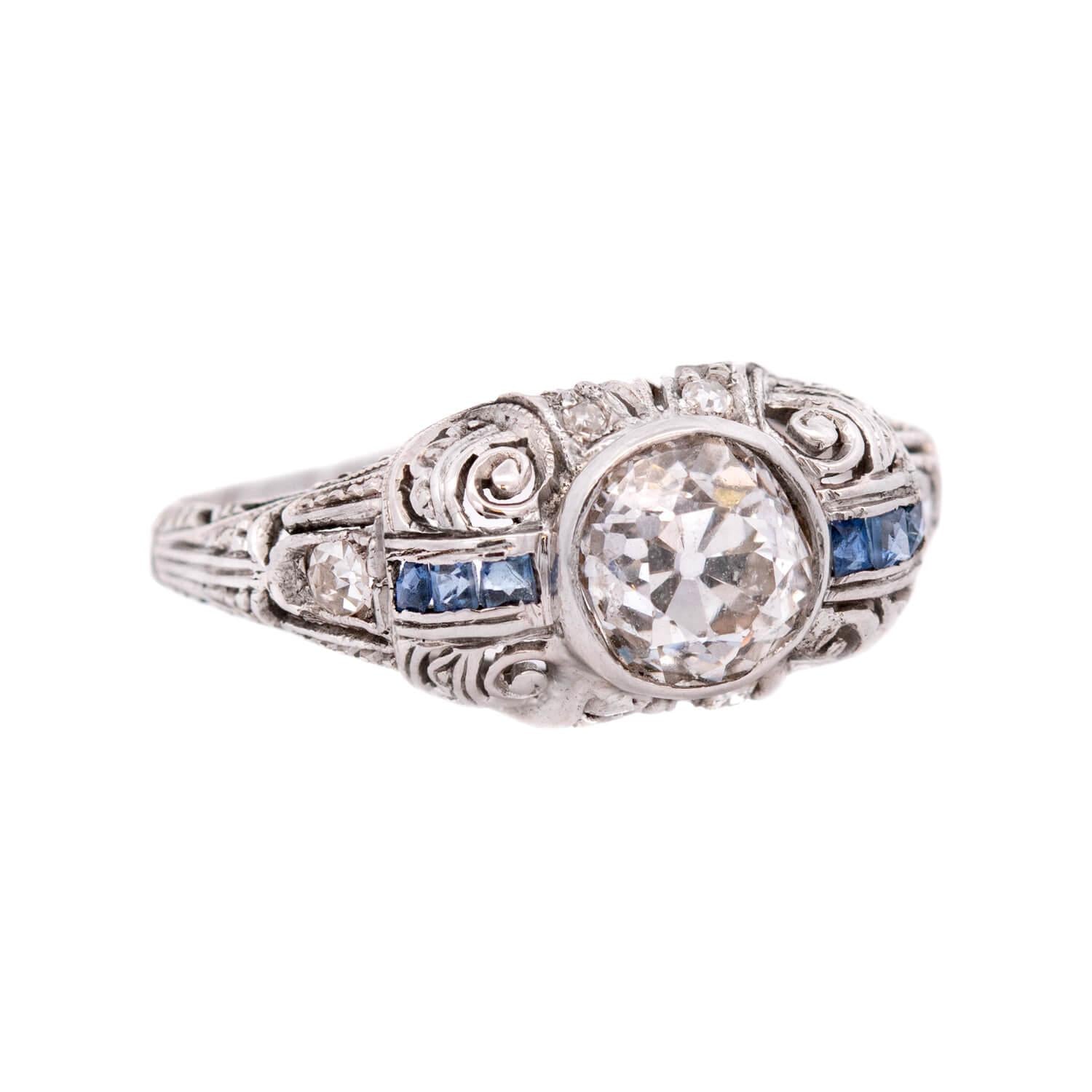 Art Deco Platinum Diamond and Sapphire Engagement Ring 1.03ct