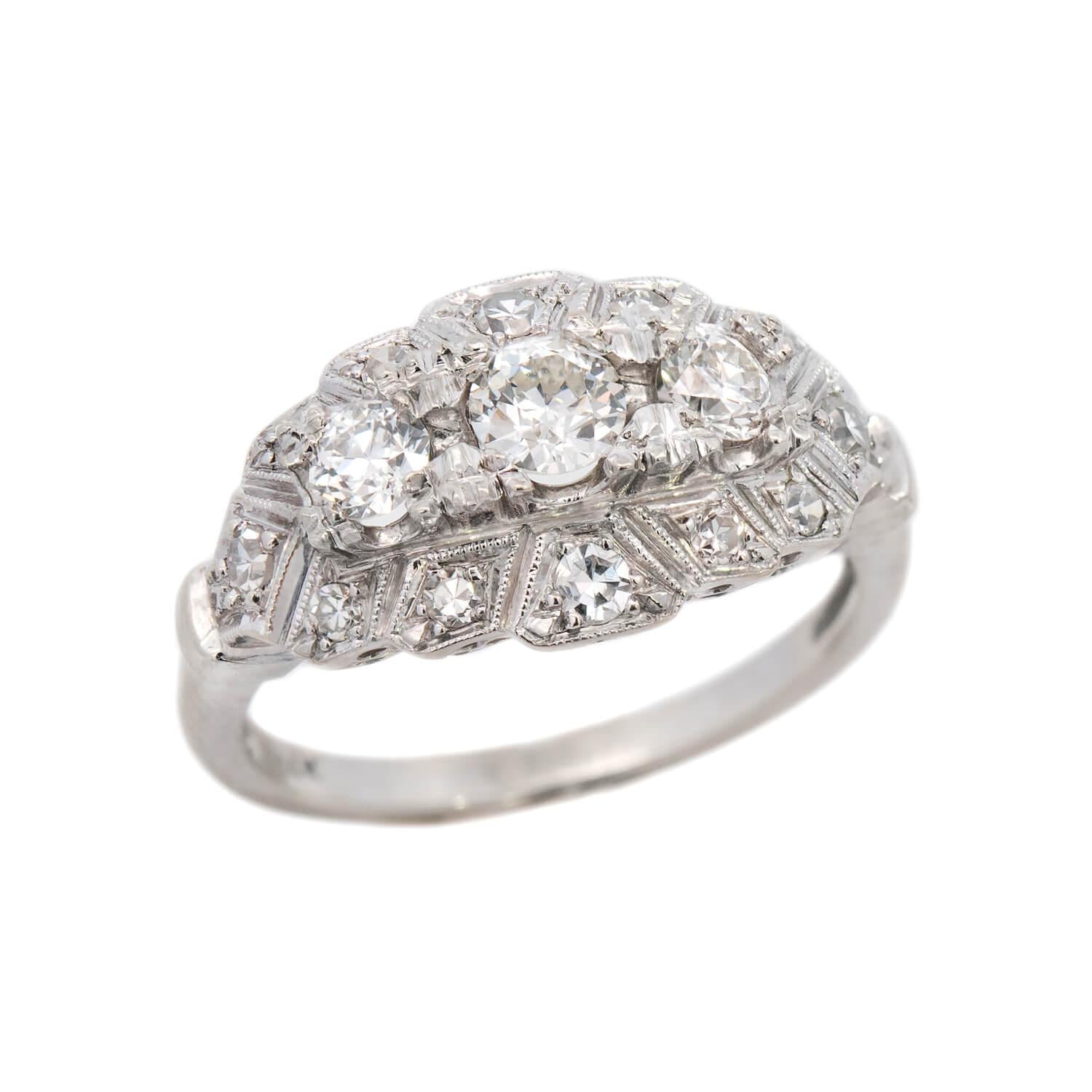 Art Deco 14k Diamond Three Stone Engagement Ring