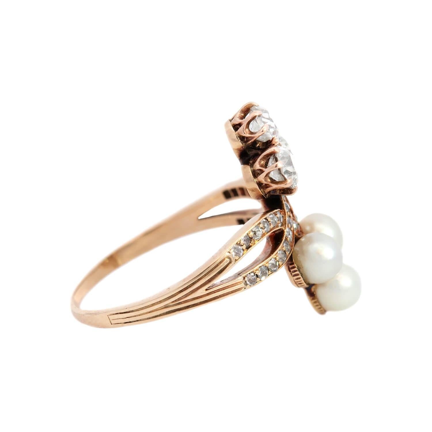 Victorian 14k Diamond and Pearl Double Trefoil Ring