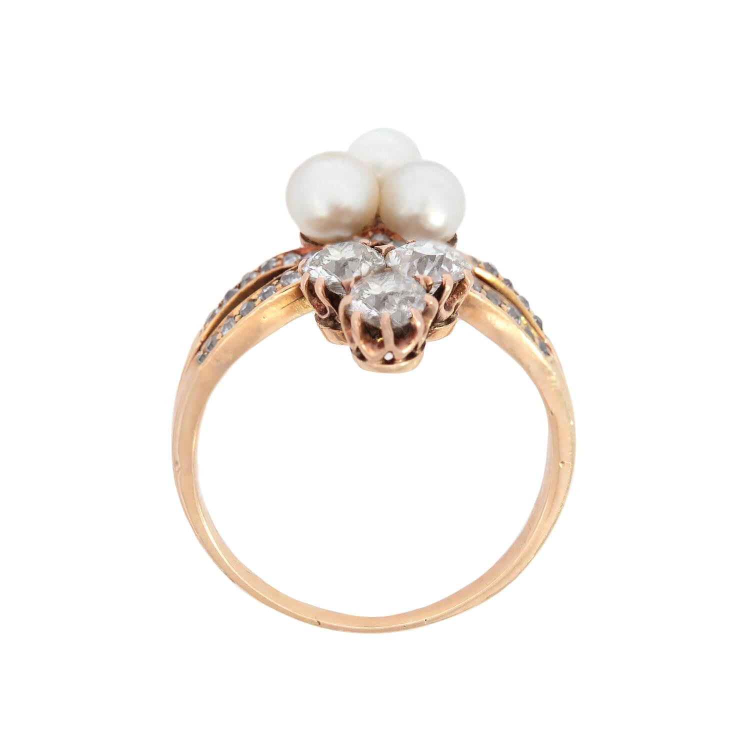 Victorian 14k Diamond and Pearl Double Trefoil Ring