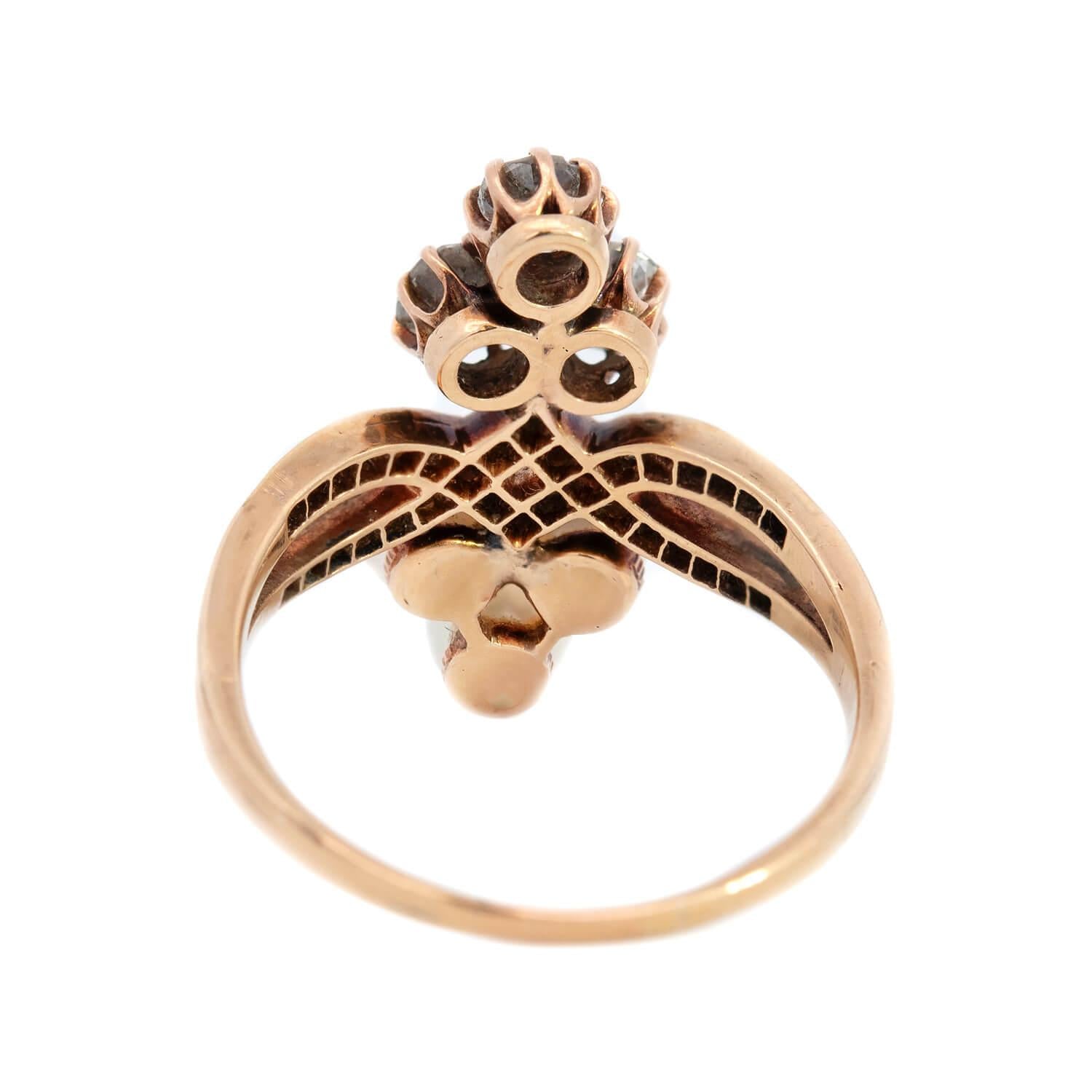 Victorian 14k Diamond and Pearl Double Trefoil Ring