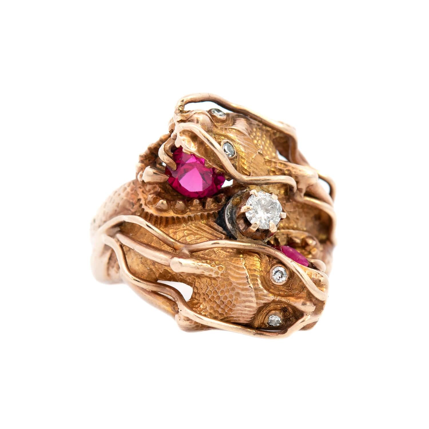 Vintage 14k Diamond and Ruby Dragon Ring