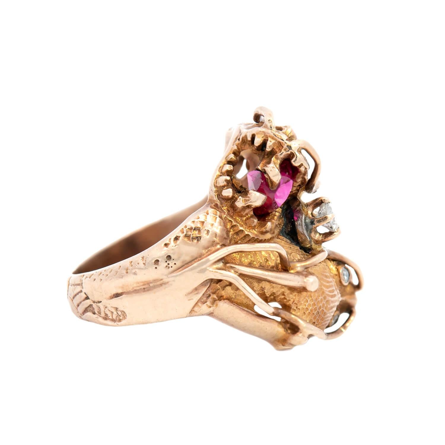 Vintage 14k Diamond and Ruby Dragon Ring