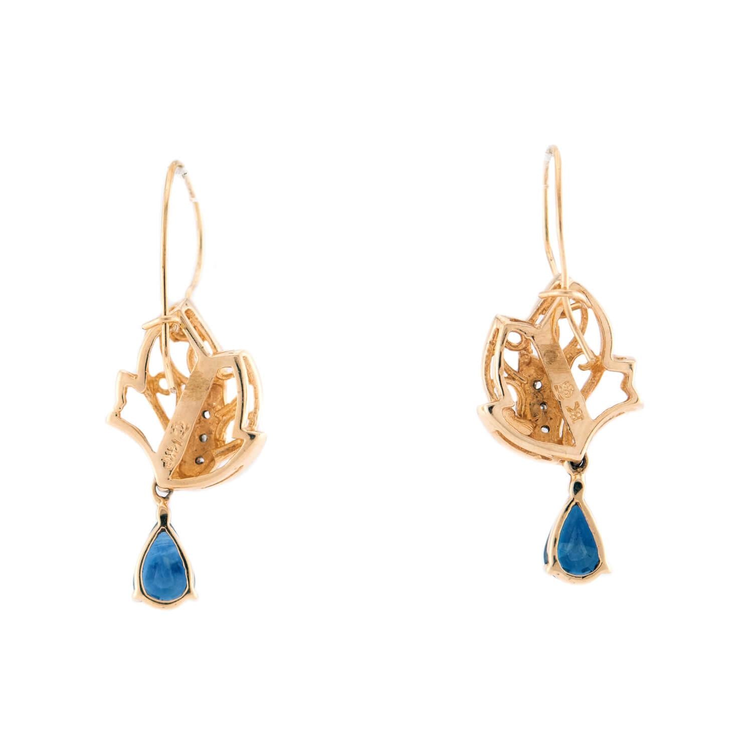 Estate 14k Diamond & Sapphire Floral-Motif Dangle Earrings
