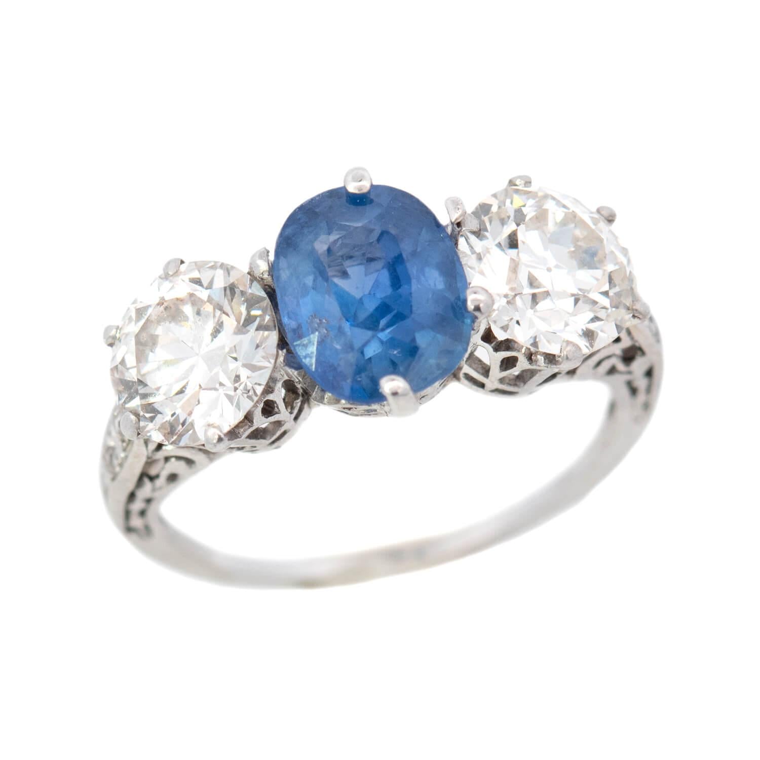 Edwardian Platinum Sapphire and Diamond Three Stone Ring