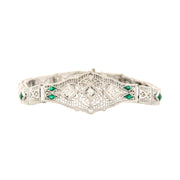 Art Deco 14k Diamond and Synthetic Emerald Filigree Belly Line Bracelet