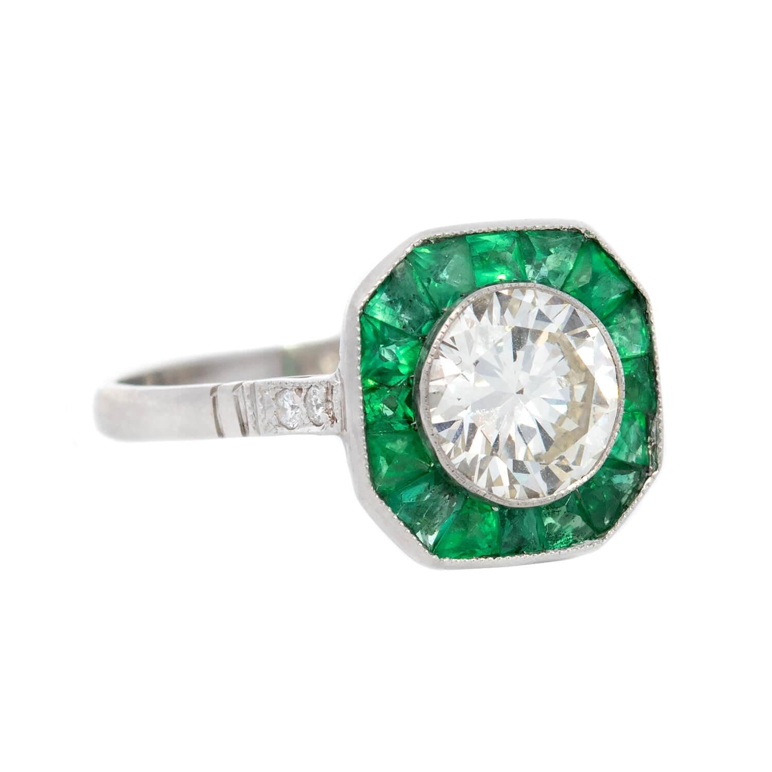 Art Deco Platinum Old European Diamond Calibrated Emeralds