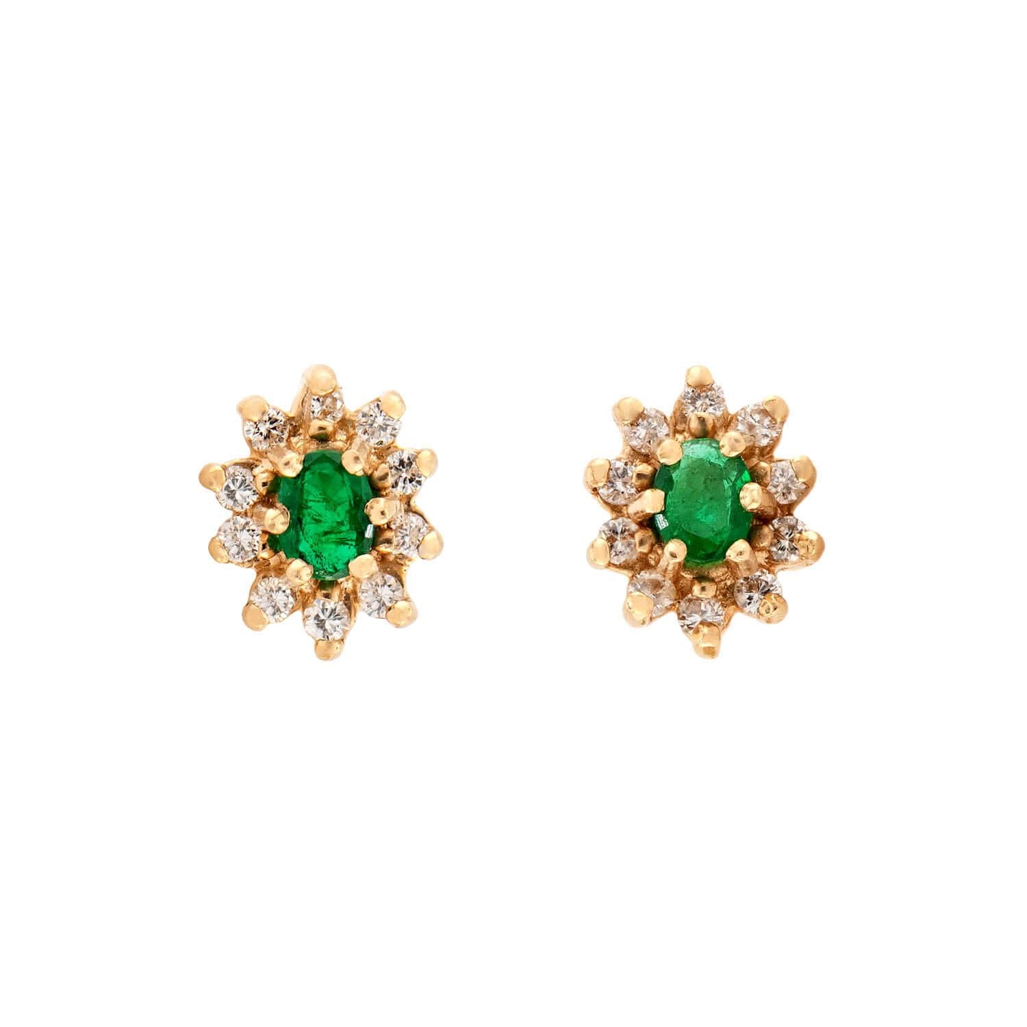 Estate 14k Emerald and Diamond Halo Stud Earrings