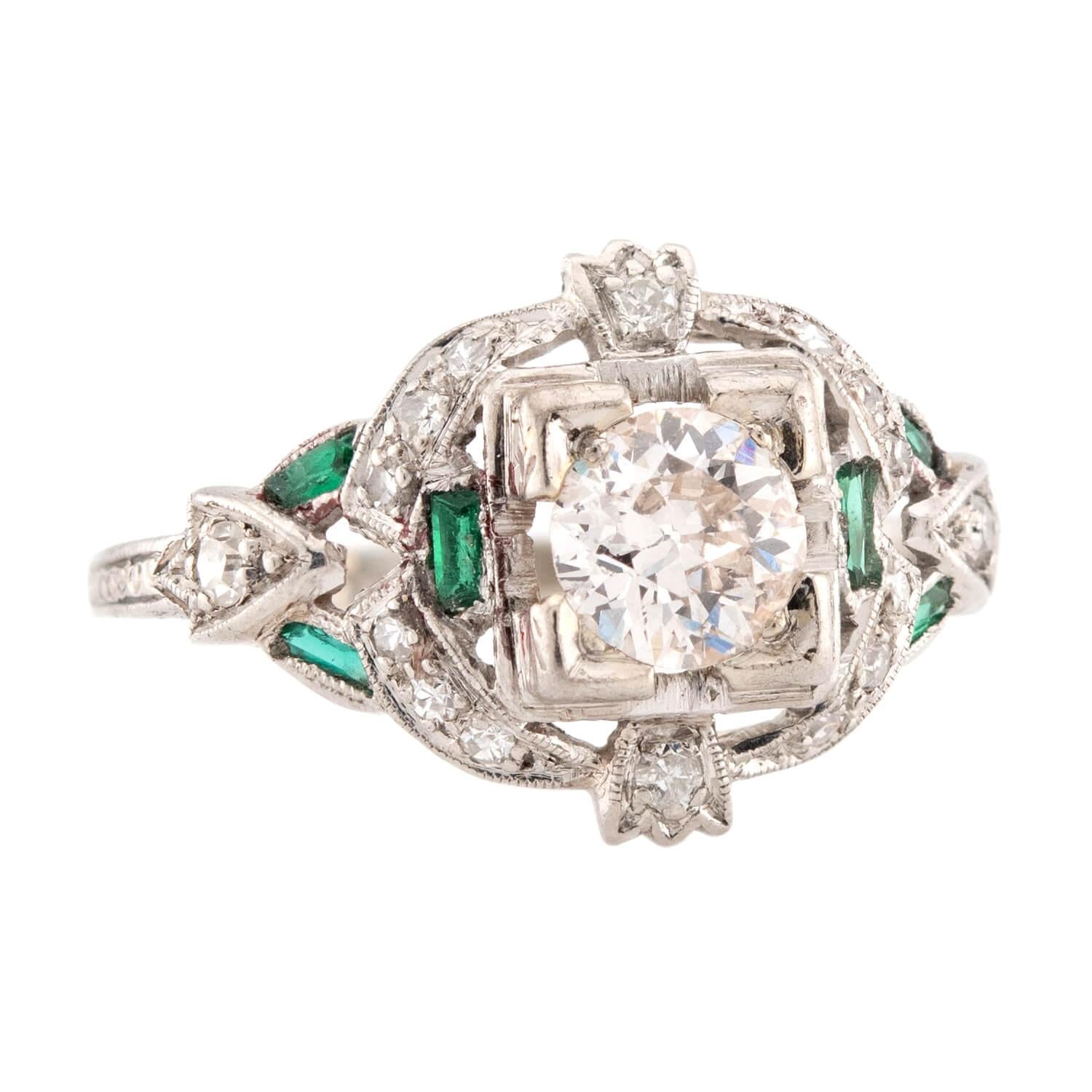 Art Deco Platinum Diamond & Emerald Engagement Ring .80ct