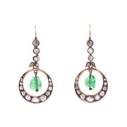 Victorian 15k Diamond and Emerald Dangle Earrings 2ctw