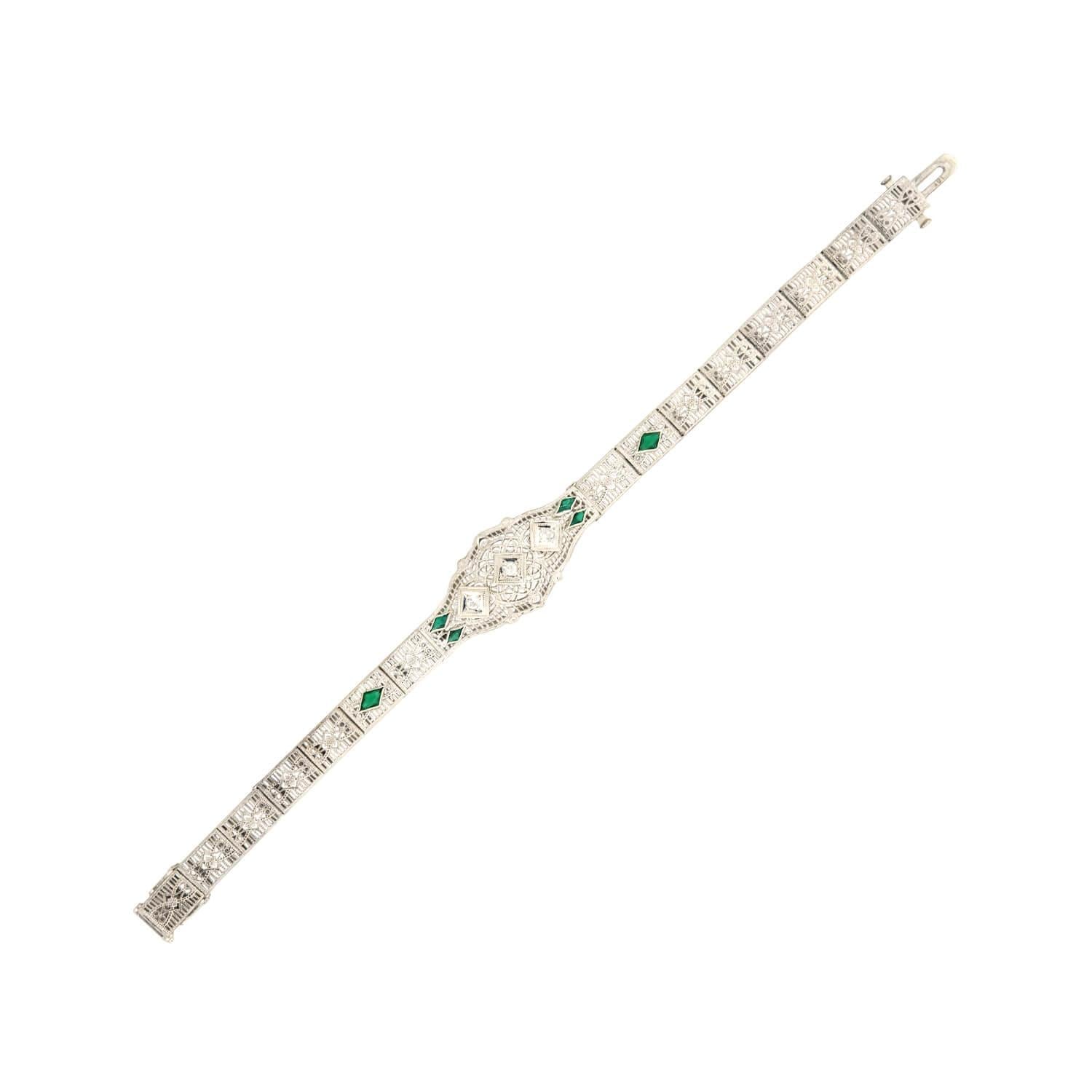 Art Deco 14k Diamond and Synthetic Emerald Filigree Belly Line Bracelet