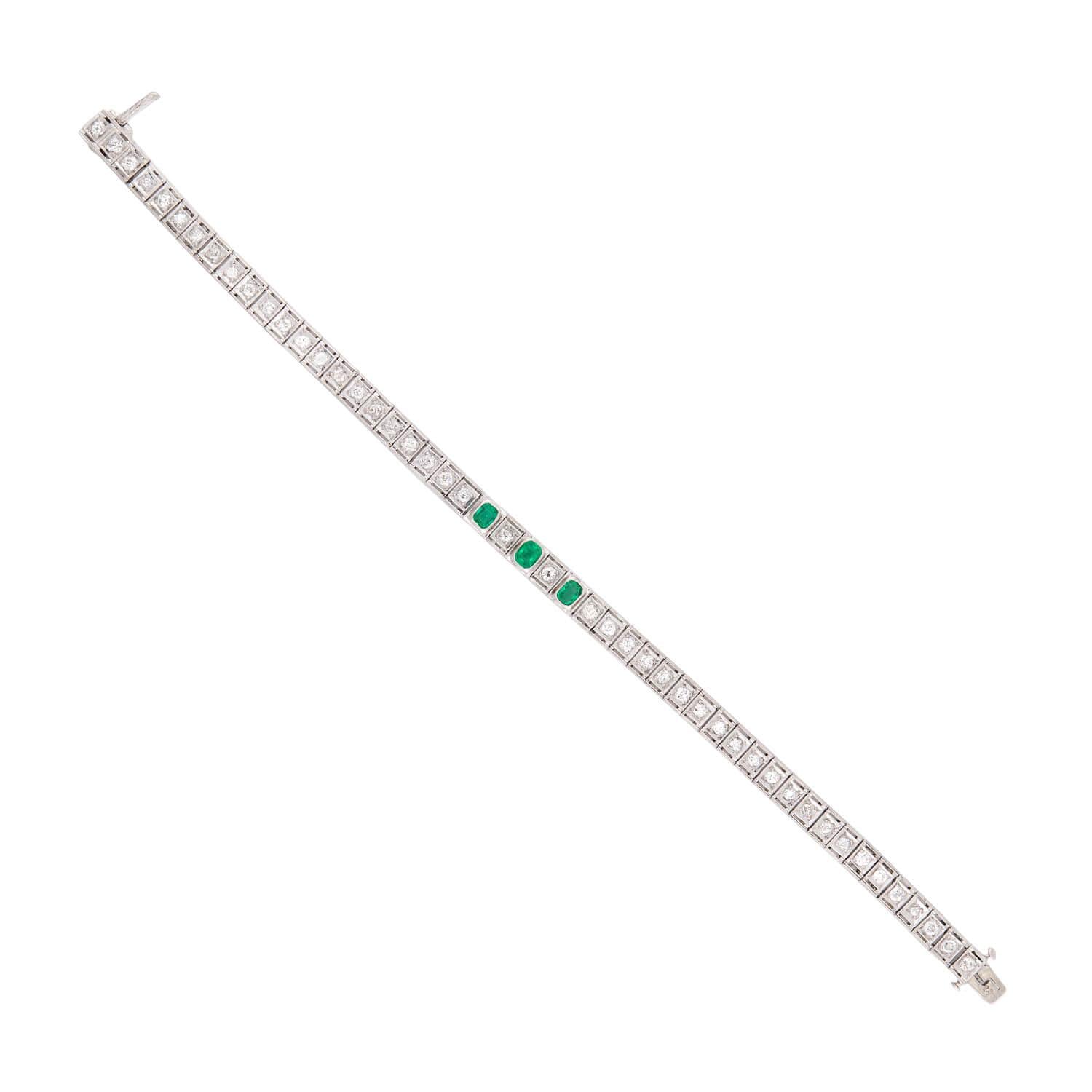 Edwardian Platinum Diamond & Emerald Line Bracelet