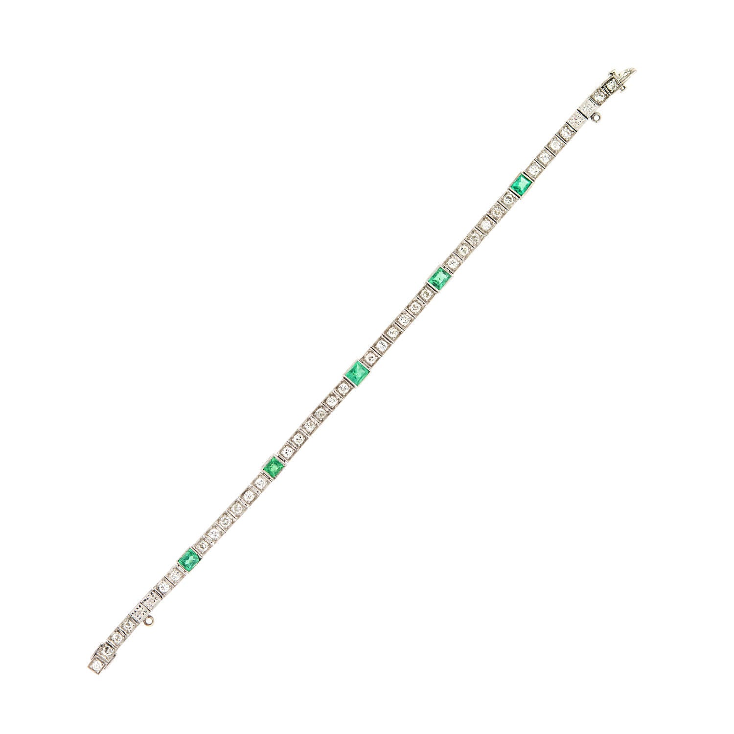 Edwardian Platinum Square Cut Emerald + Diamond Link Bracelet