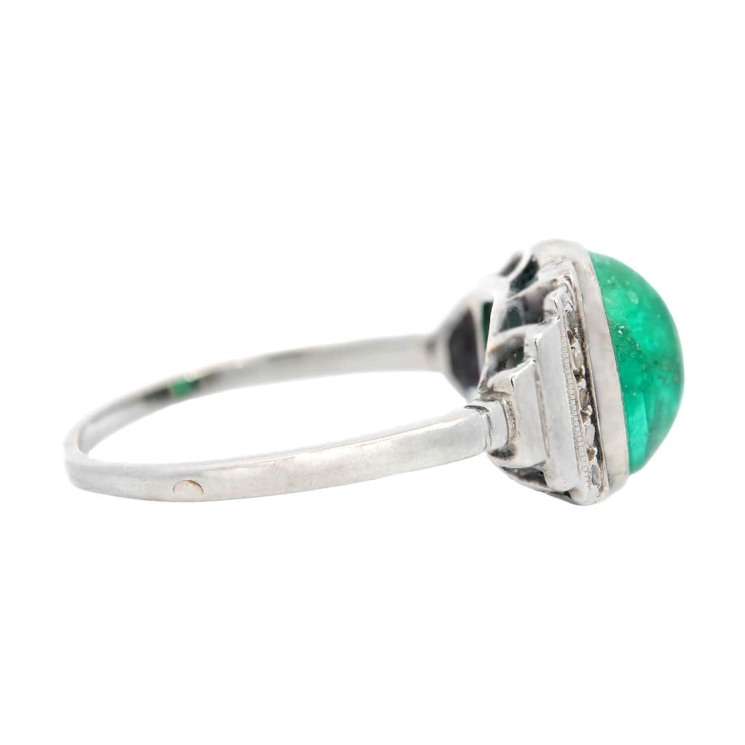 1 Art Deco Platinum 2.50ctw Cabochon Emerald & Diamond Ring