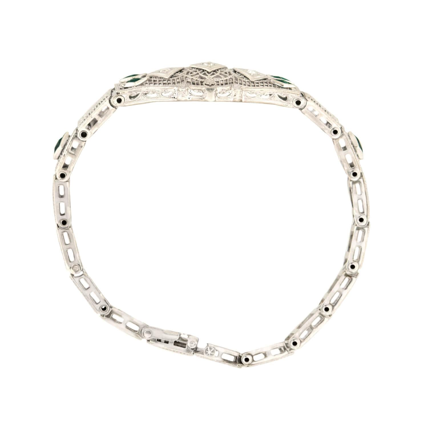 Art Deco 14k Diamond and Synthetic Emerald Filigree Belly Line Bracelet