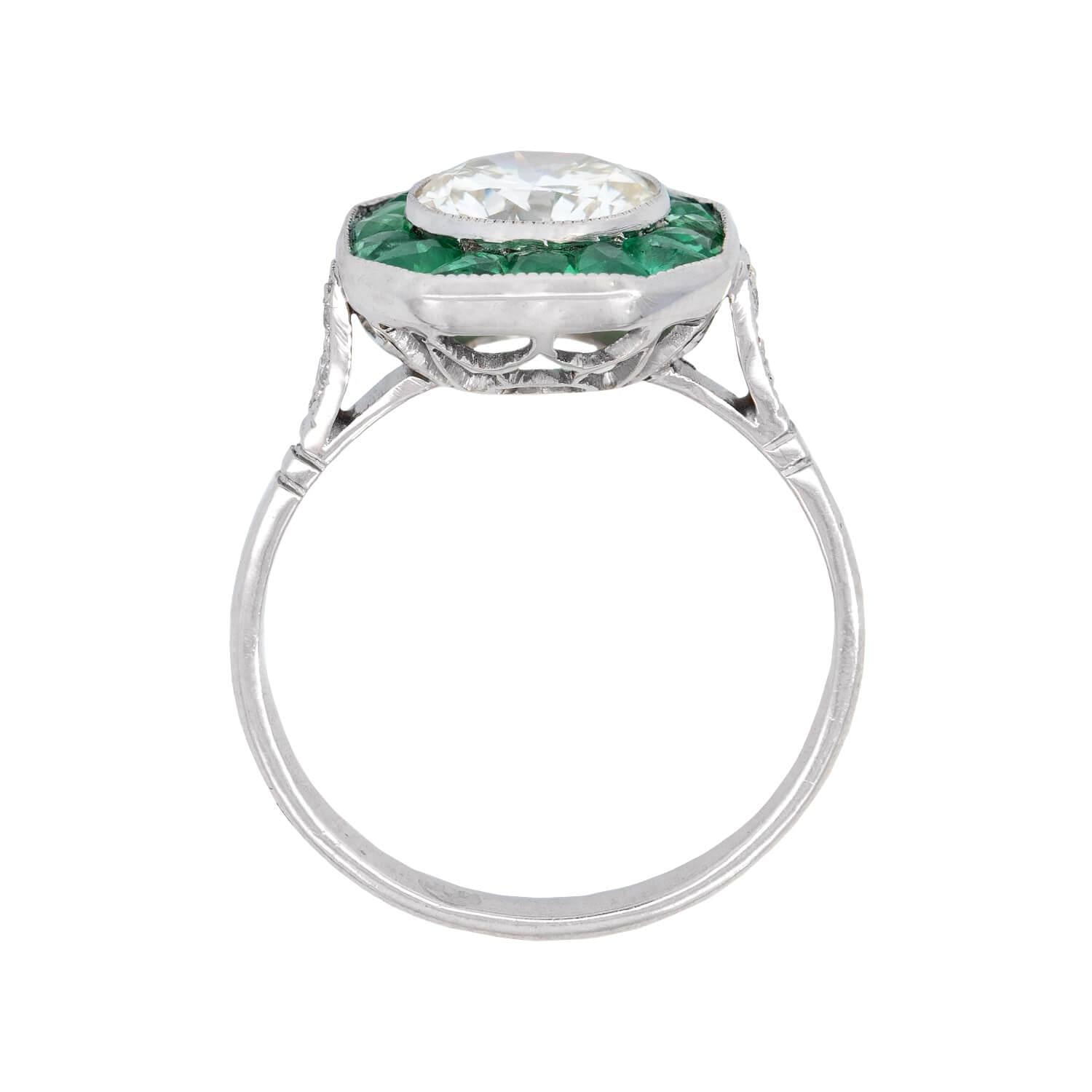 Art Deco Platinum Old European Diamond Calibrated Emeralds