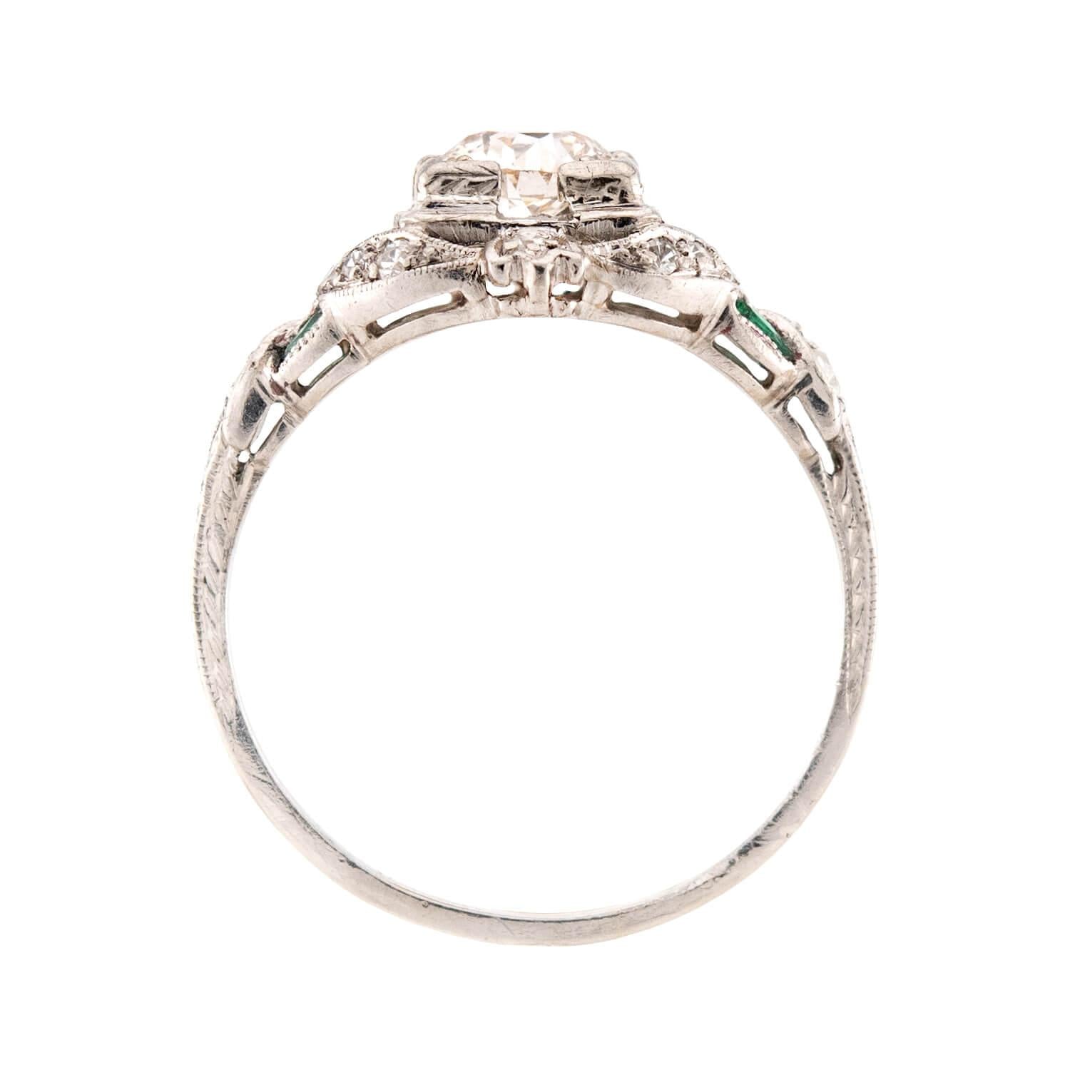 Art Deco Platinum Diamond & Emerald Engagement Ring .80ct