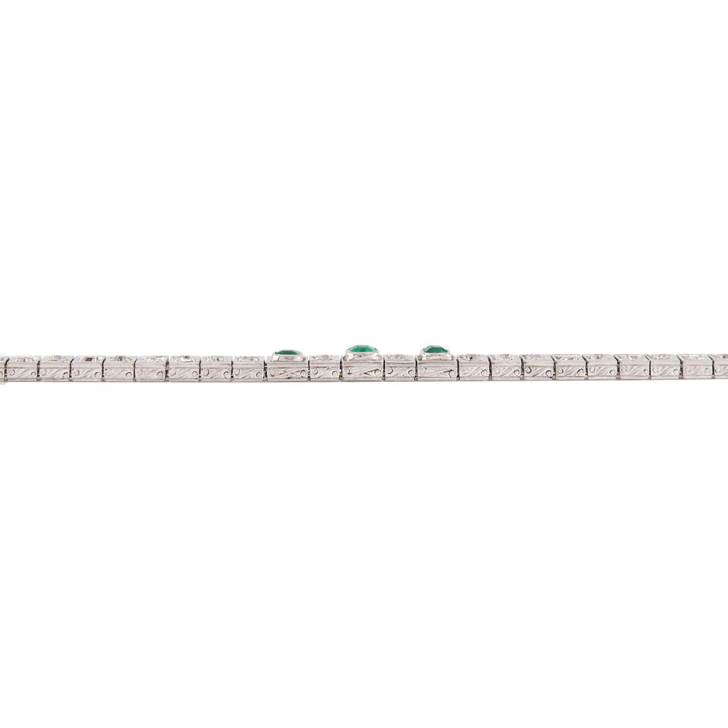 Edwardian Platinum Diamond & Emerald Line Bracelet