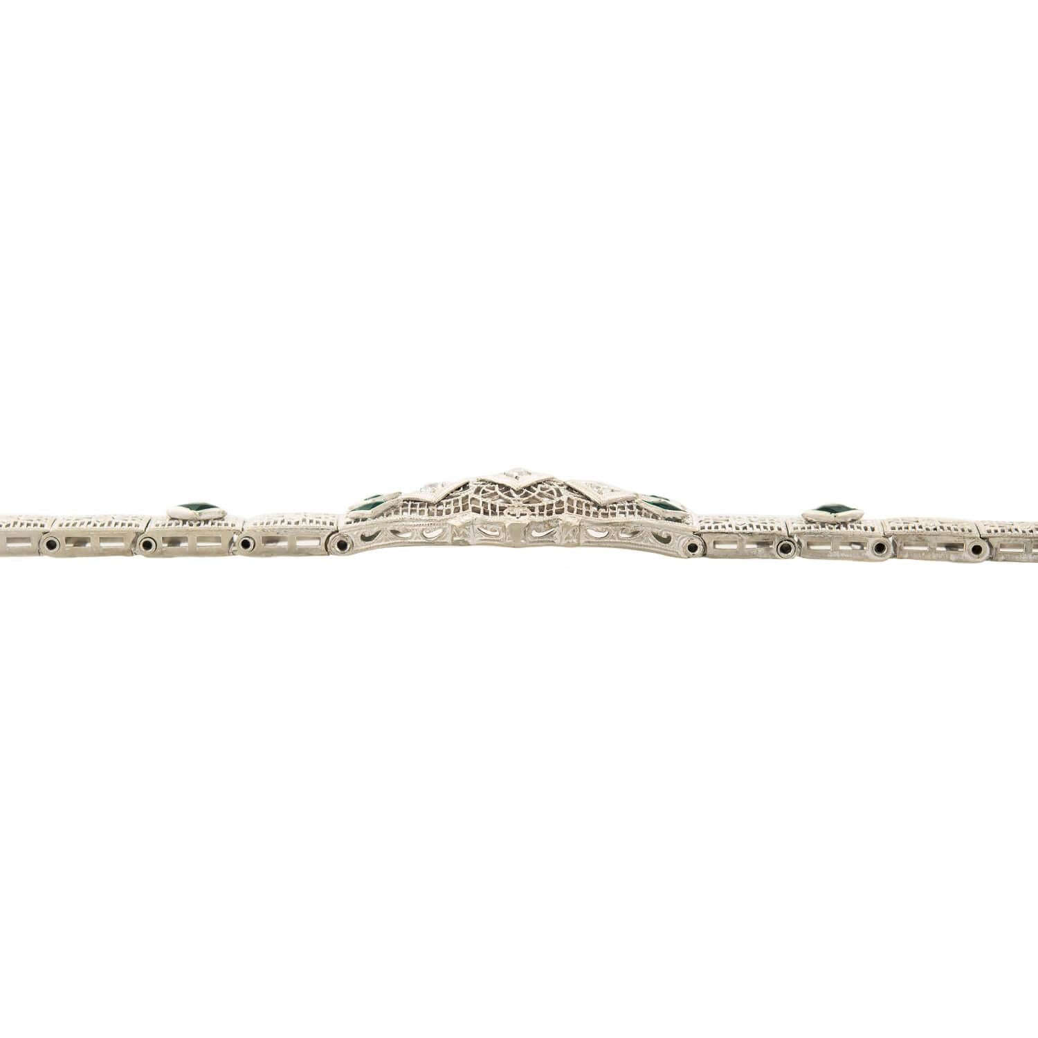 Art Deco 14k Diamond and Synthetic Emerald Filigree Belly Line Bracelet