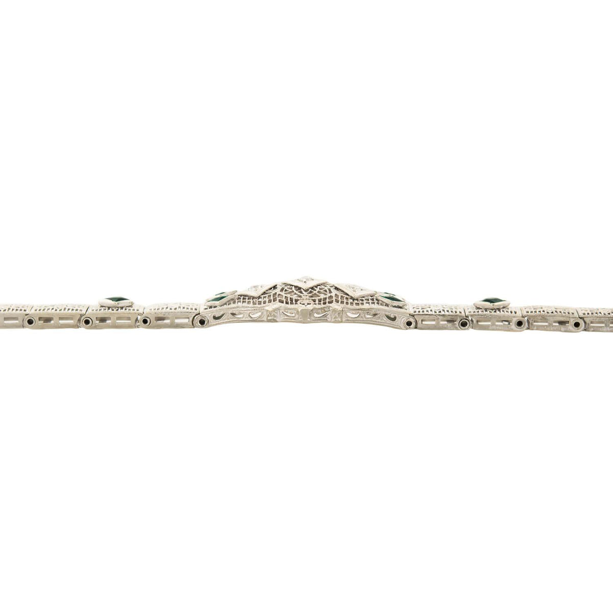 Art Deco 14k Diamond and Synthetic Emerald Filigree Belly Line Bracelet