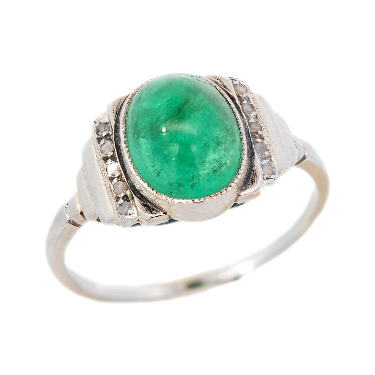 1 Art Deco Platinum 2.50ctw Cabochon Emerald & Diamond Ring