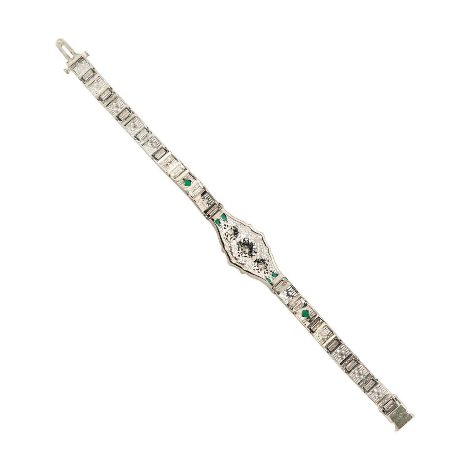 Art Deco 14k Diamond and Synthetic Emerald Filigree Belly Line Bracelet