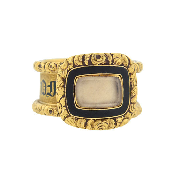 Georgian 18kt Enameled Glass Window Repousse Mourning Ring